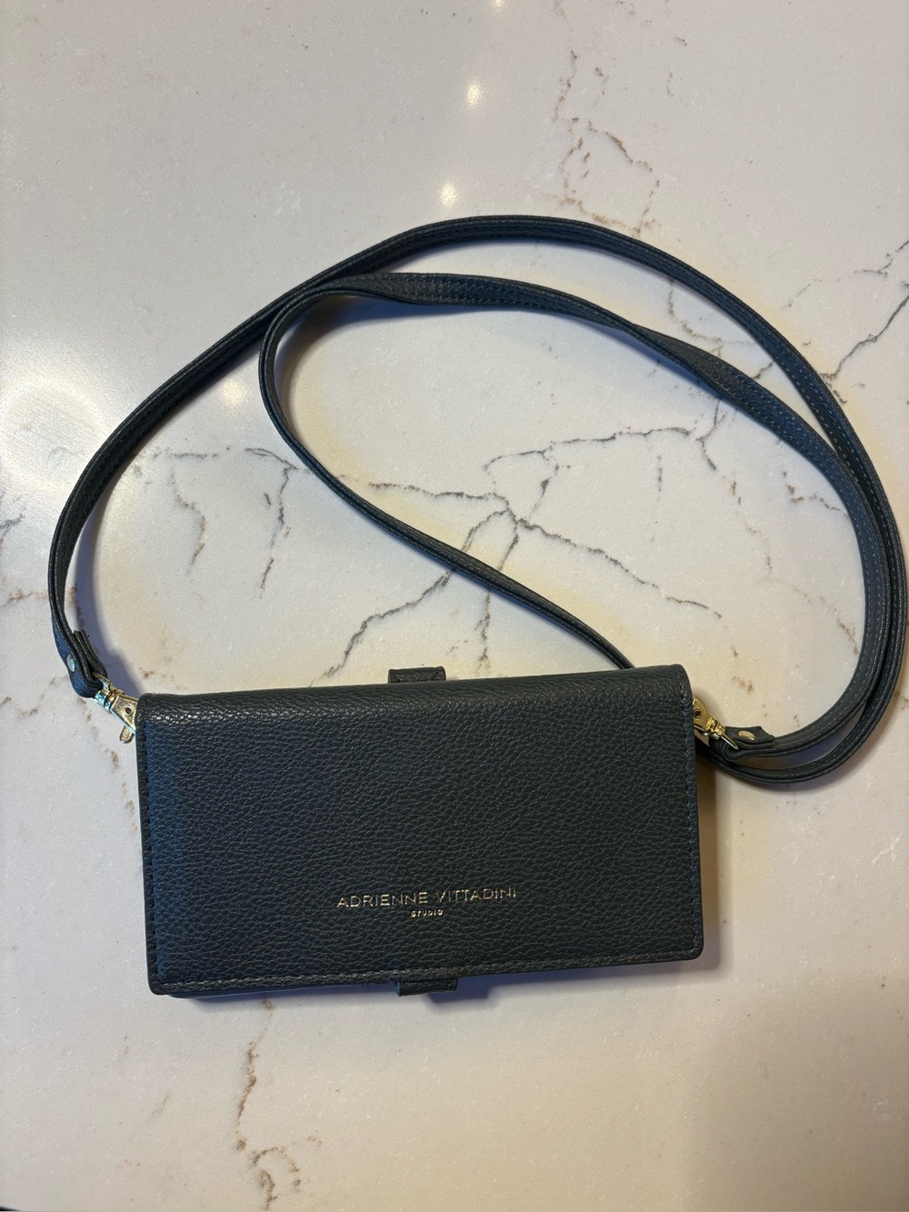 Adrienne Vittadini Gray Pebbled Leather Crossbody Wallet with Gold Hardware
